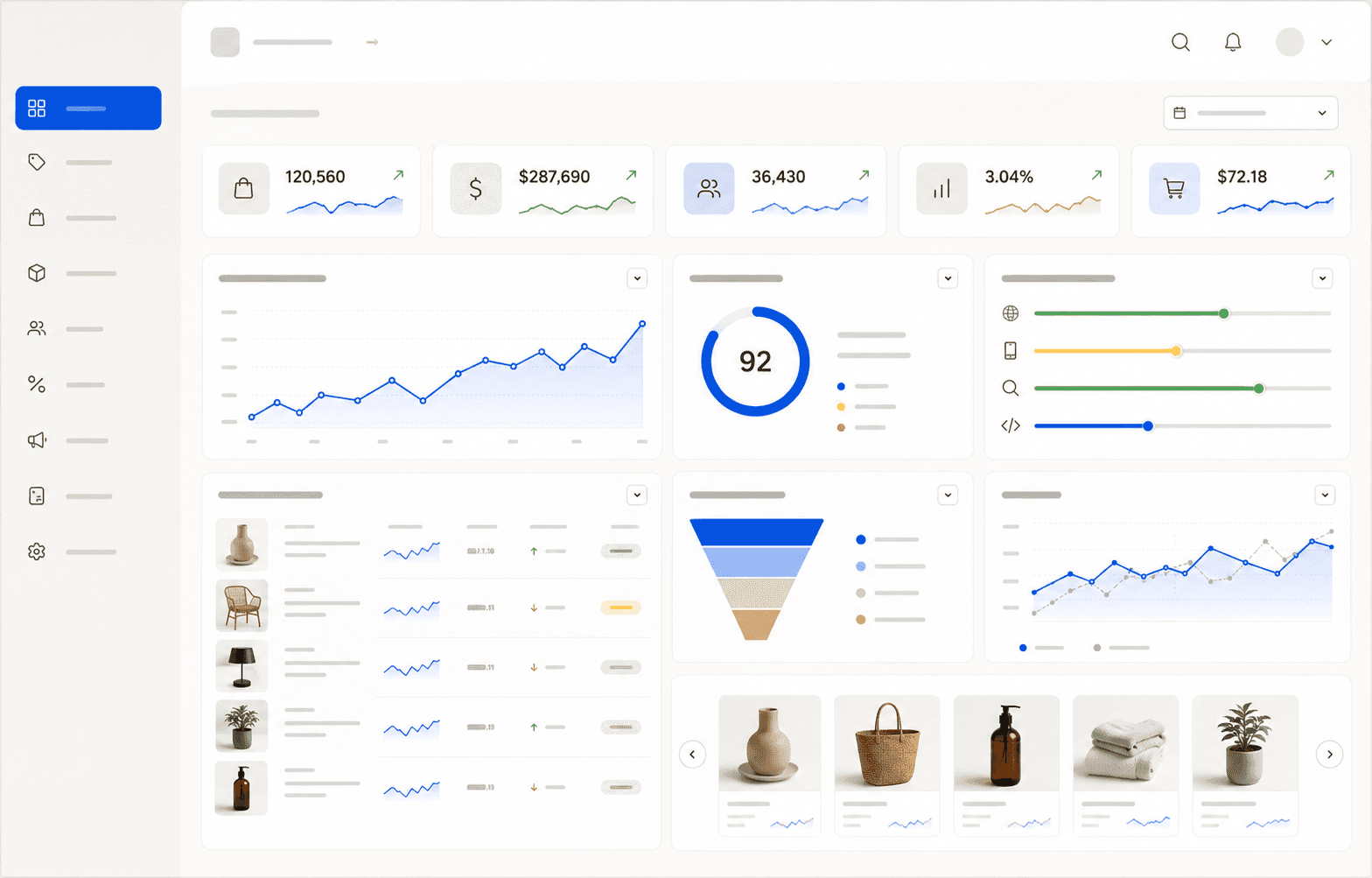 Illustrative commerce performance dashboard with search visibility and conversion analytics.